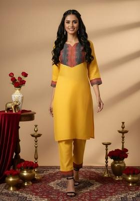 Yellow Plain Cotton Kurta Set