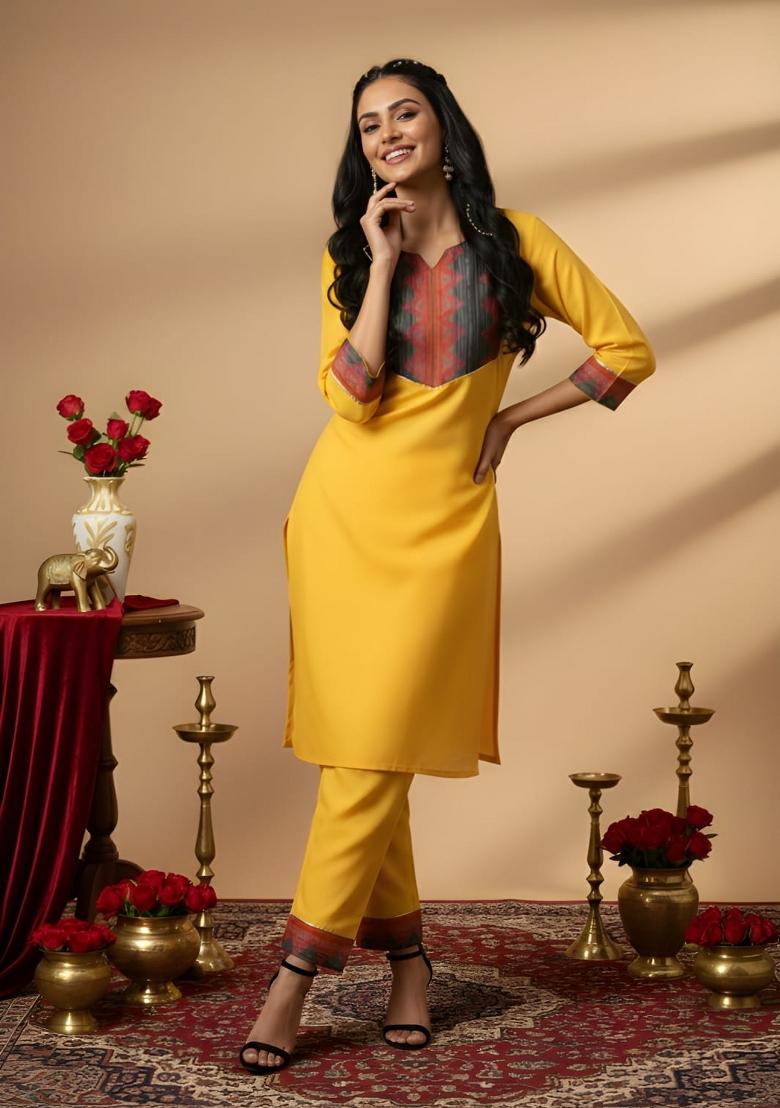Yellow Plain Cotton Kurta Set - Indya