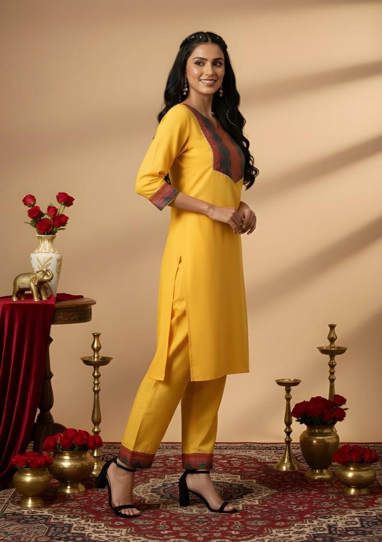 Yellow Plain Cotton Kurta Set - Indya