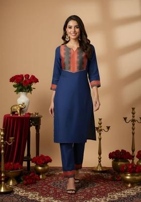 Blue Plain Cotton Kurta Set