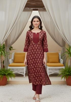 Maroon Printed Cotton Kurta Set