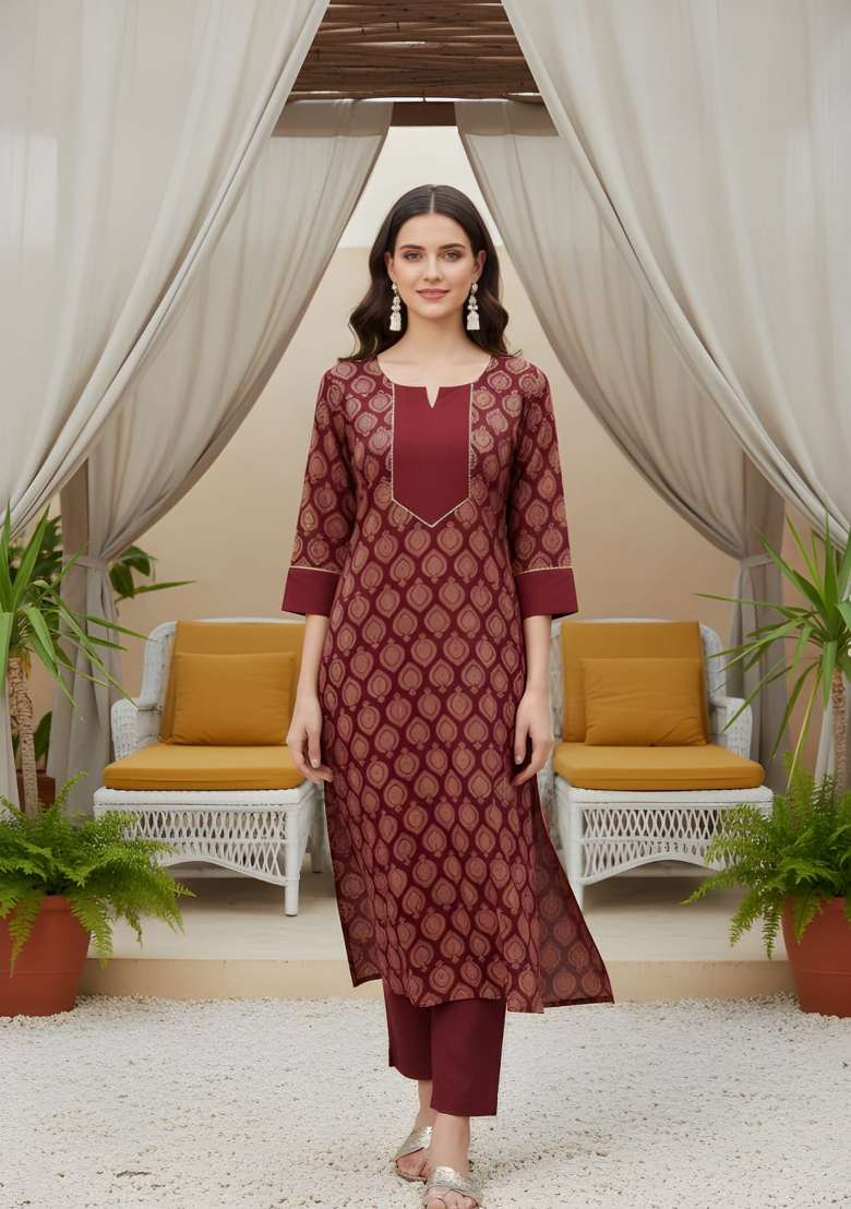 Maroon Printed Cotton Kurta Set - Indya
