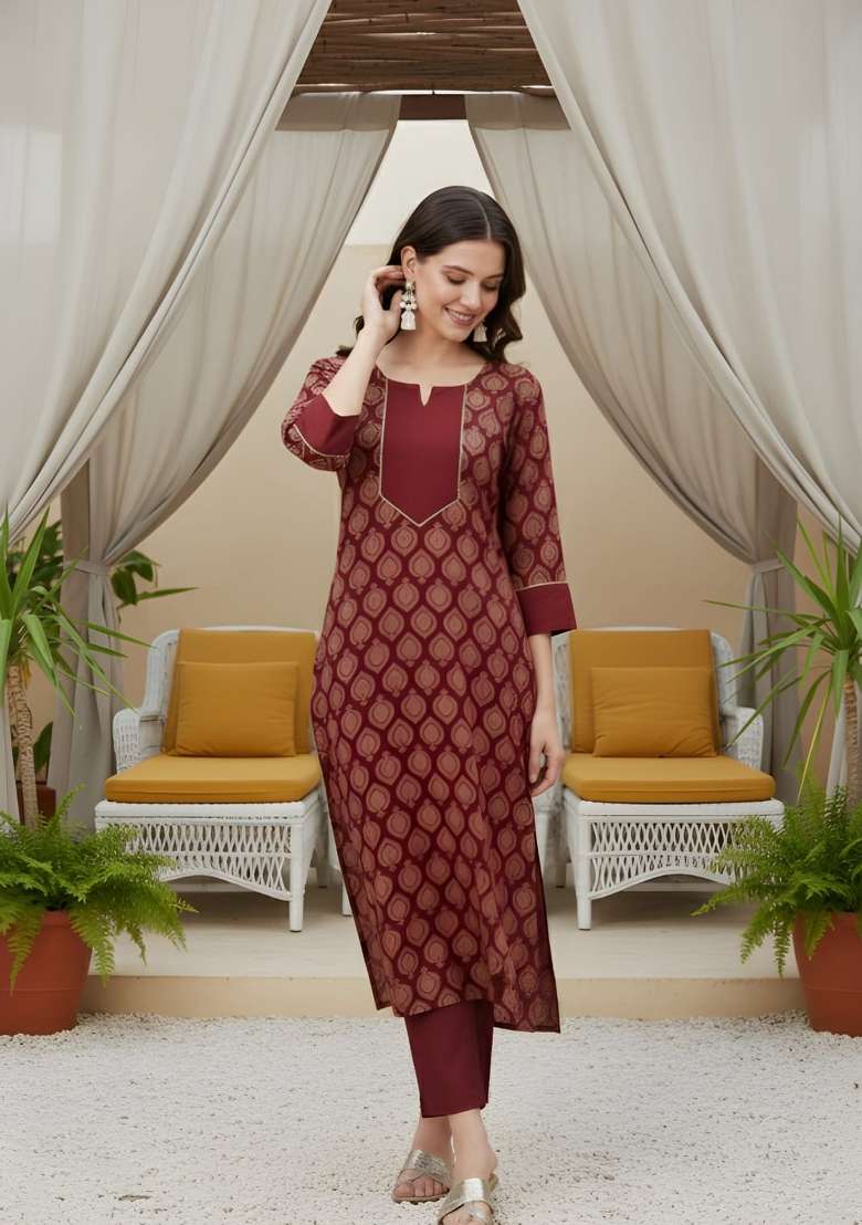 Maroon Printed Cotton Kurta Set - Indya