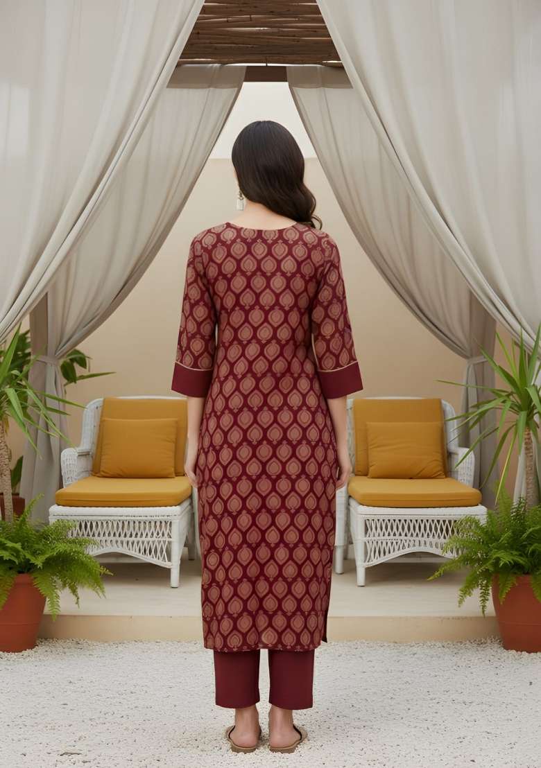 Maroon Printed Cotton Kurta Set - Indya