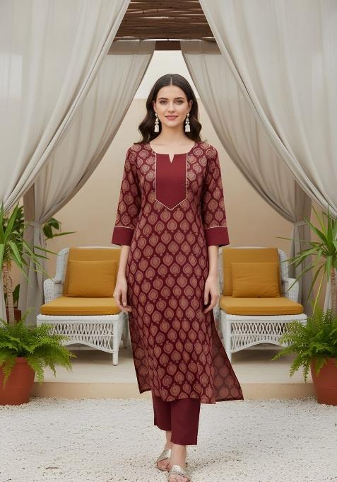 Maroon Printed Cotton Kurta Set