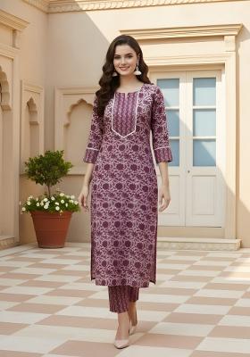 Mauve Printed Cotton Kurta Set