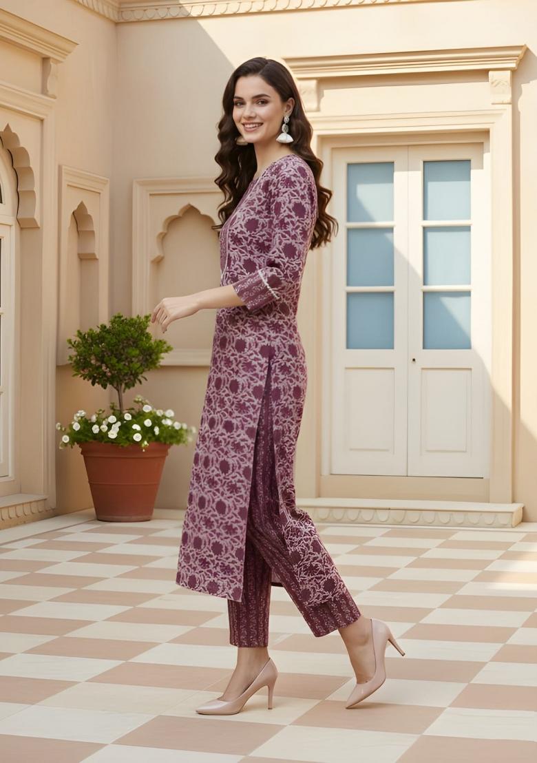 Mauve Printed Cotton Kurta Set - Indya