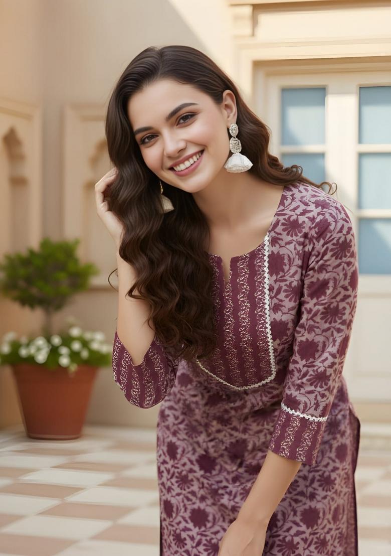Mauve Printed Cotton Kurta Set - Indya