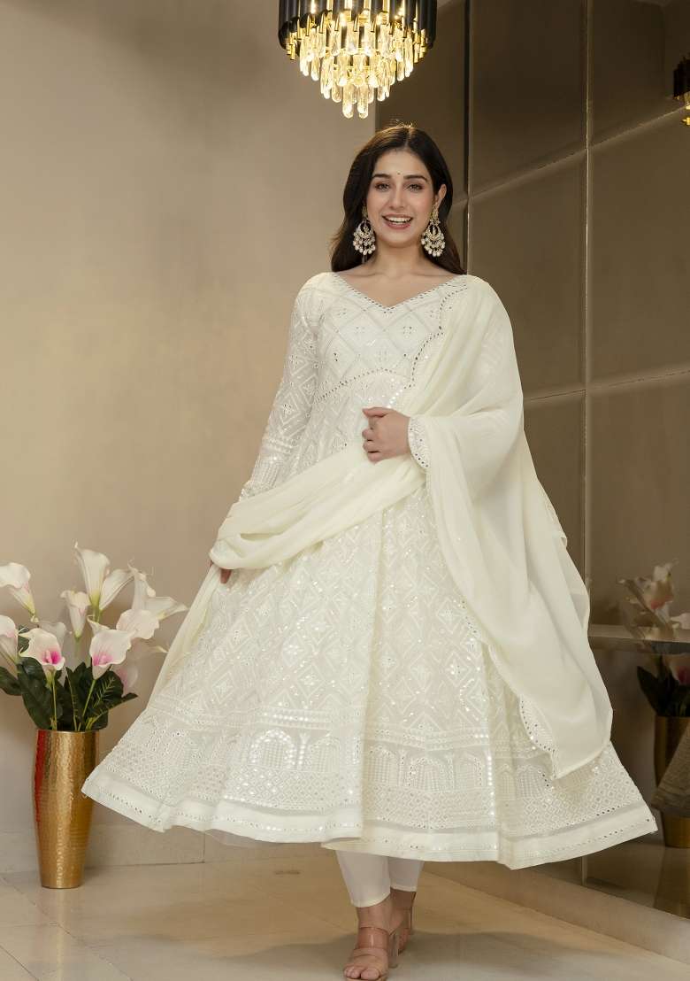 Off White Embroidered Silk Blend Salwar Kameez - Indya