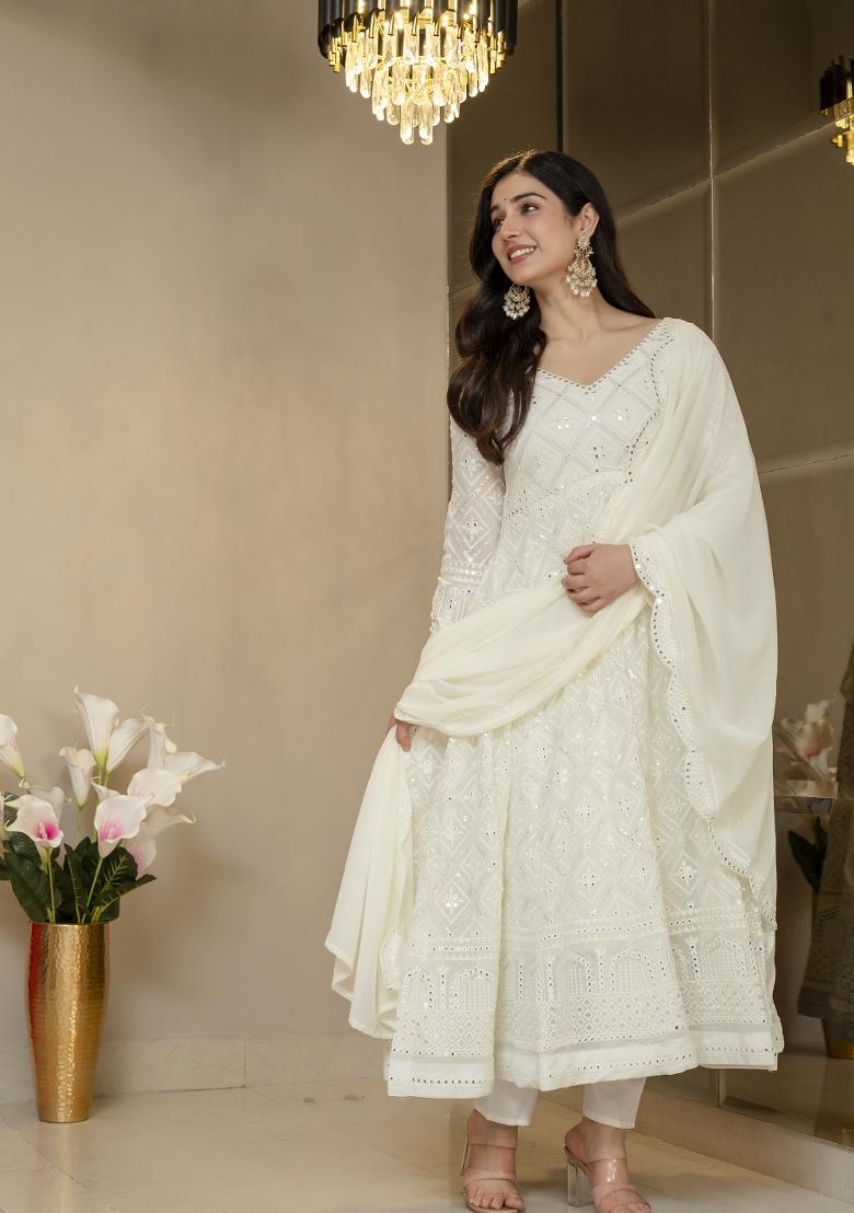 Off White Embroidered Silk Blend Salwar Kameez - Indya