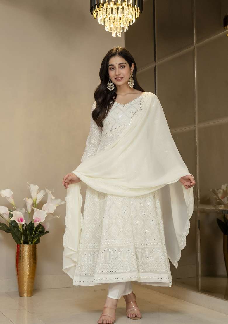 Off White Embroidered Silk Blend Salwar Kameez - Indya
