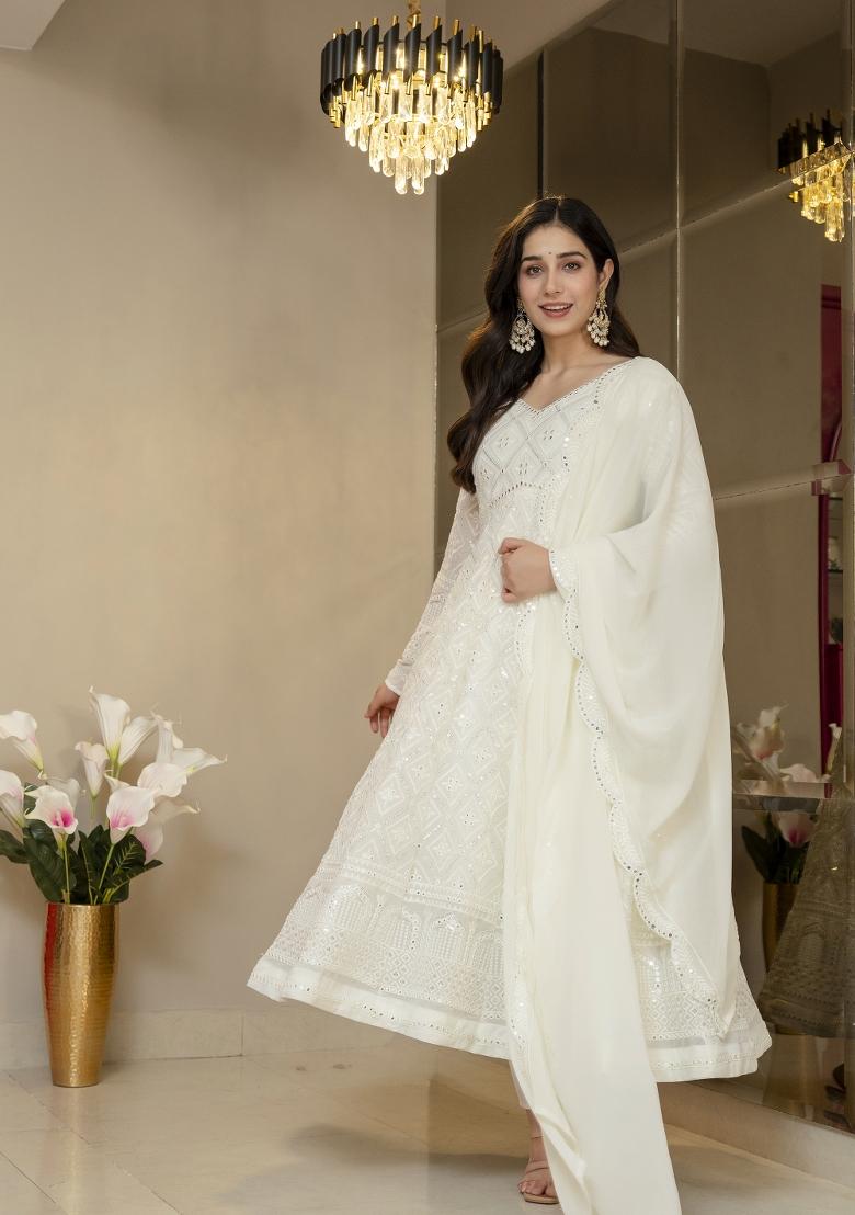 Off White Embroidered Silk Blend Salwar Kameez - Indya