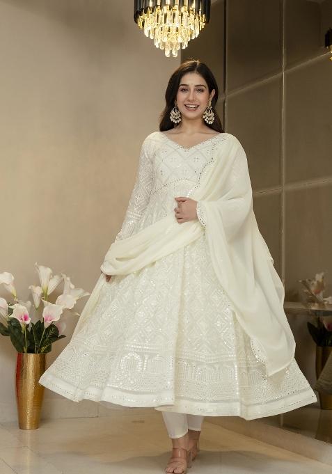 Off White Embroidered Silk Blend Salwar Kameez