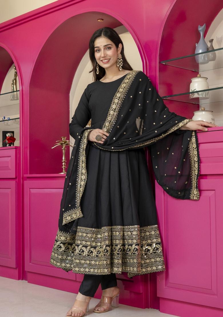 Black Embroidered Rayon Salwar Kameez - Indya