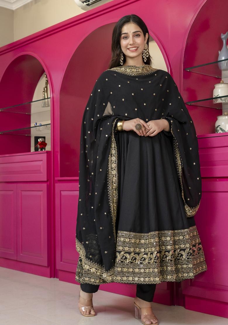 Black Embroidered Rayon Salwar Kameez - Indya
