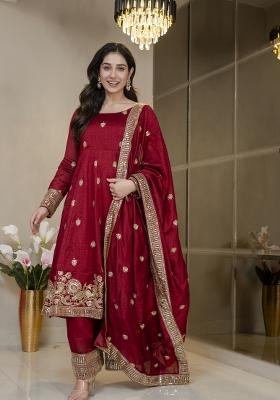 Maroon Embroidered Silk Salwar Kameez