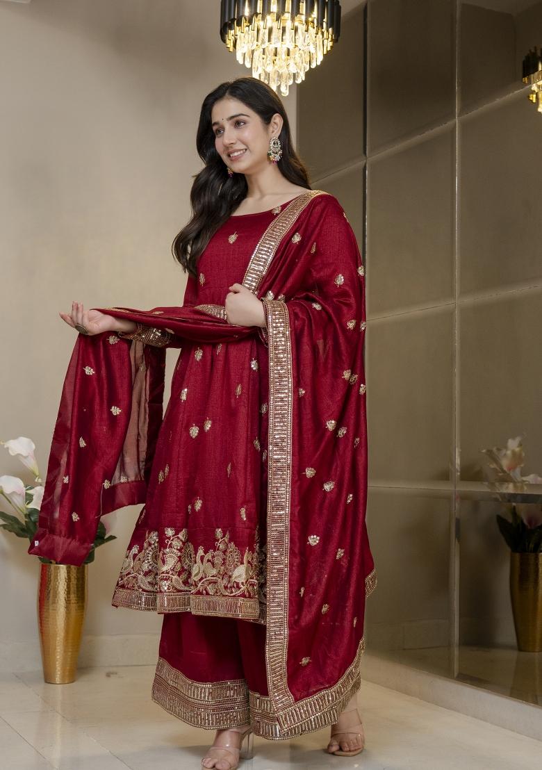 Maroon Embroidered Silk Blend Salwar Kameez - Indya