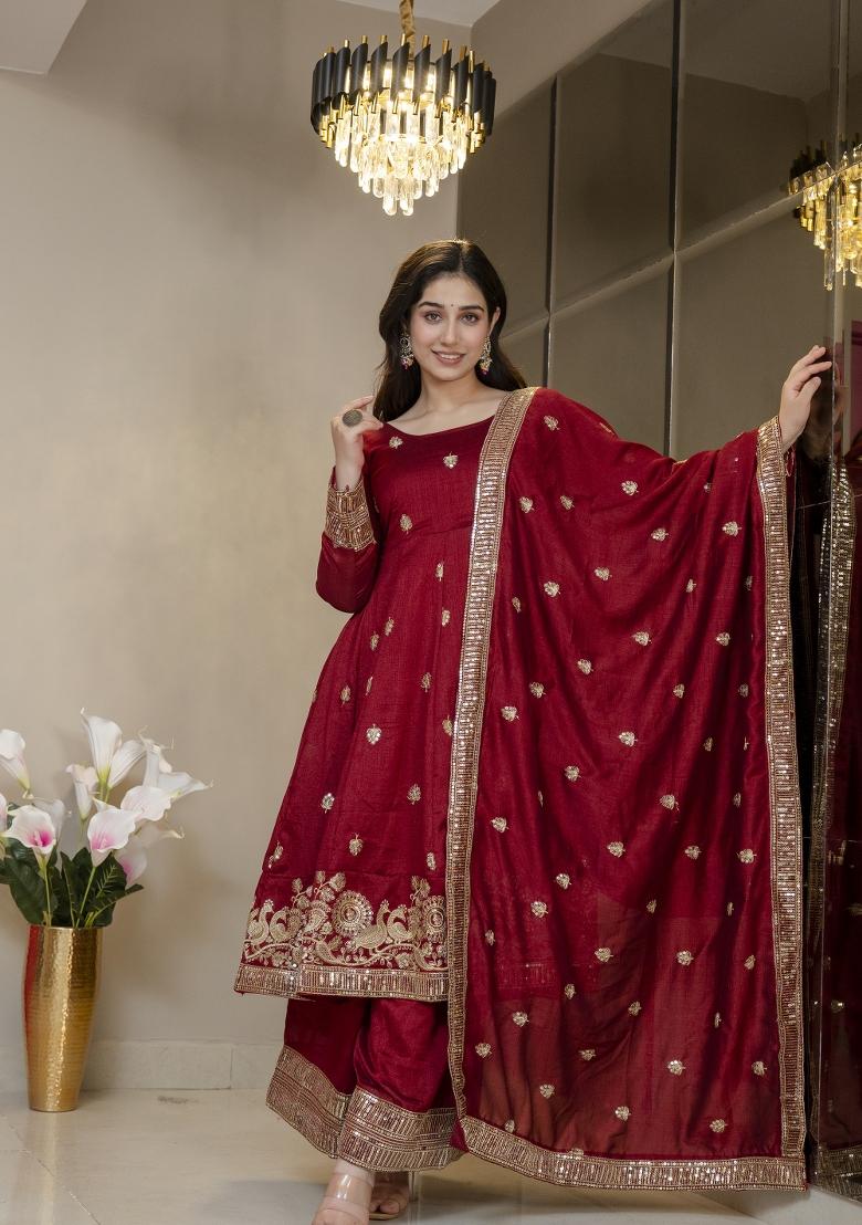 Maroon Embroidered Silk Blend Salwar Kameez - Indya