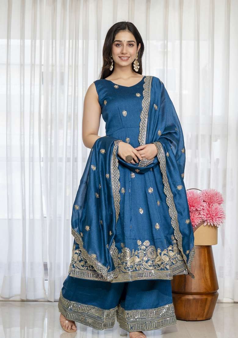 Rama Green Embroidered Silk Palazzo Set - Indya