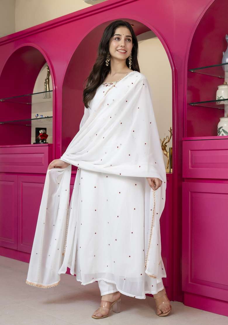 White Embroidered Georgette Palazzo Set - Indya