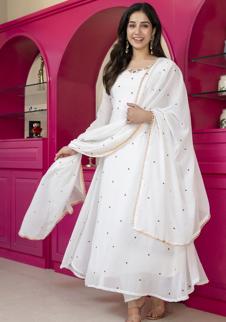 White Embroidered Georgette Palazzo Set - Indya