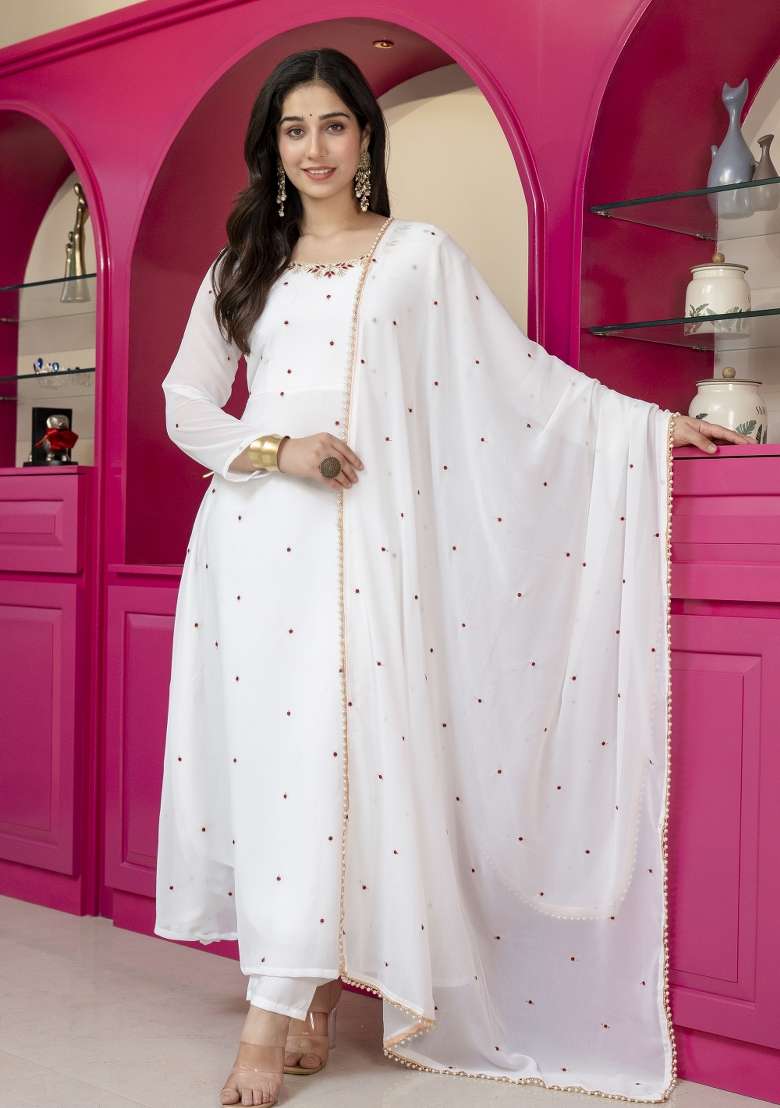 White Embroidered Georgette Palazzo Set - Indya