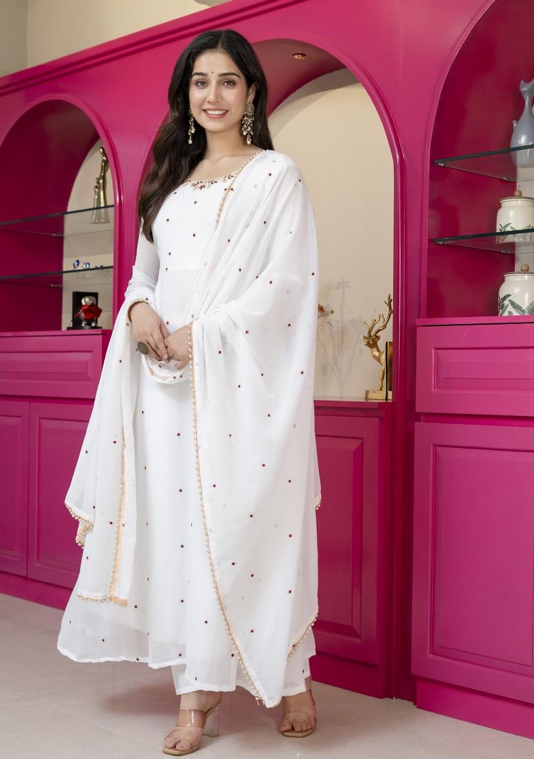 White Embroidered Georgette Palazzo Set - Indya