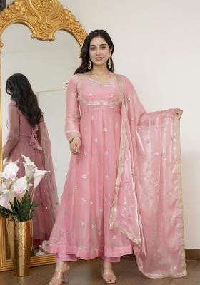 Peach Embroidered Silk Salwar Kameez