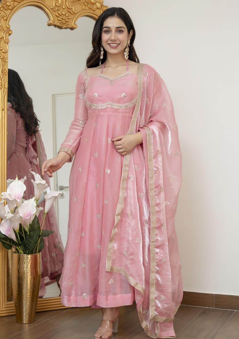 Peach Embroidered Silk Blend Salwar Kameez - Indya