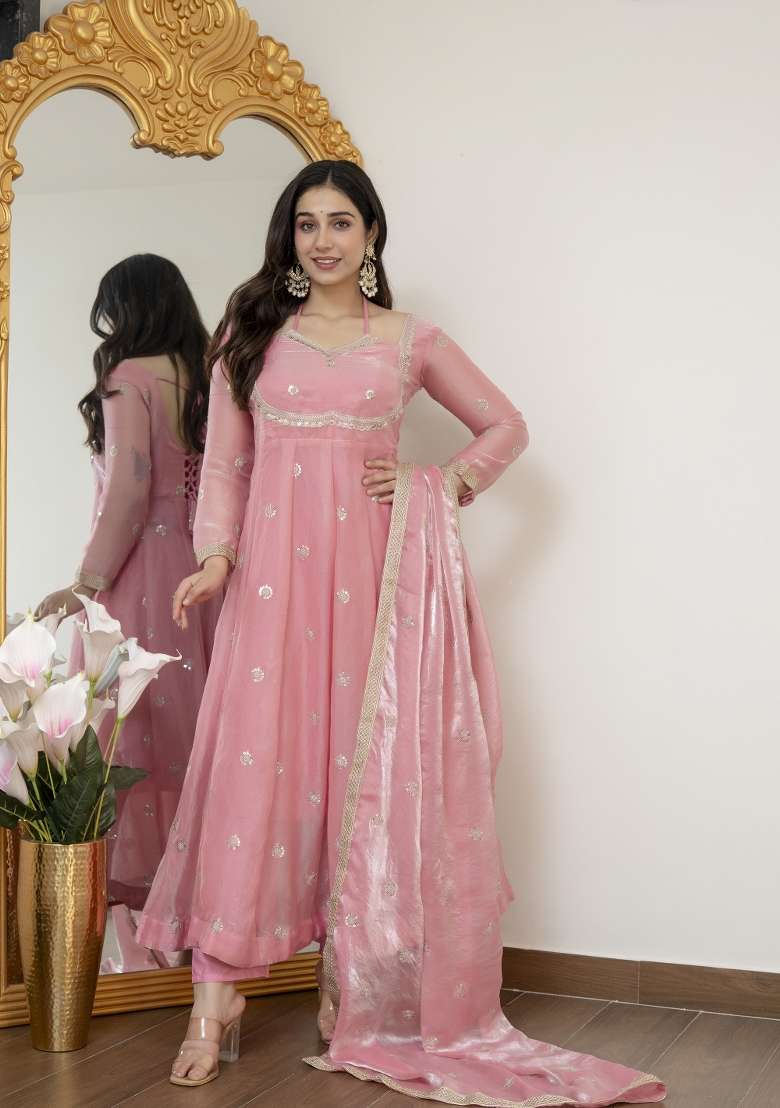 Peach Embroidered Silk Blend Salwar Kameez - Indya