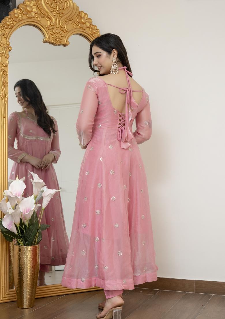 Peach Embroidered Silk Blend Salwar Kameez - Indya