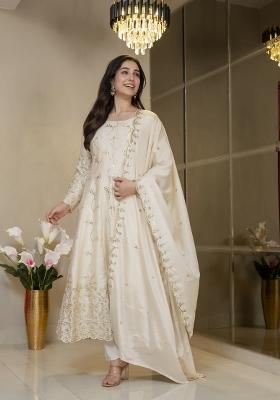 Cream Embroidered Silk Blend Salwar Kameez