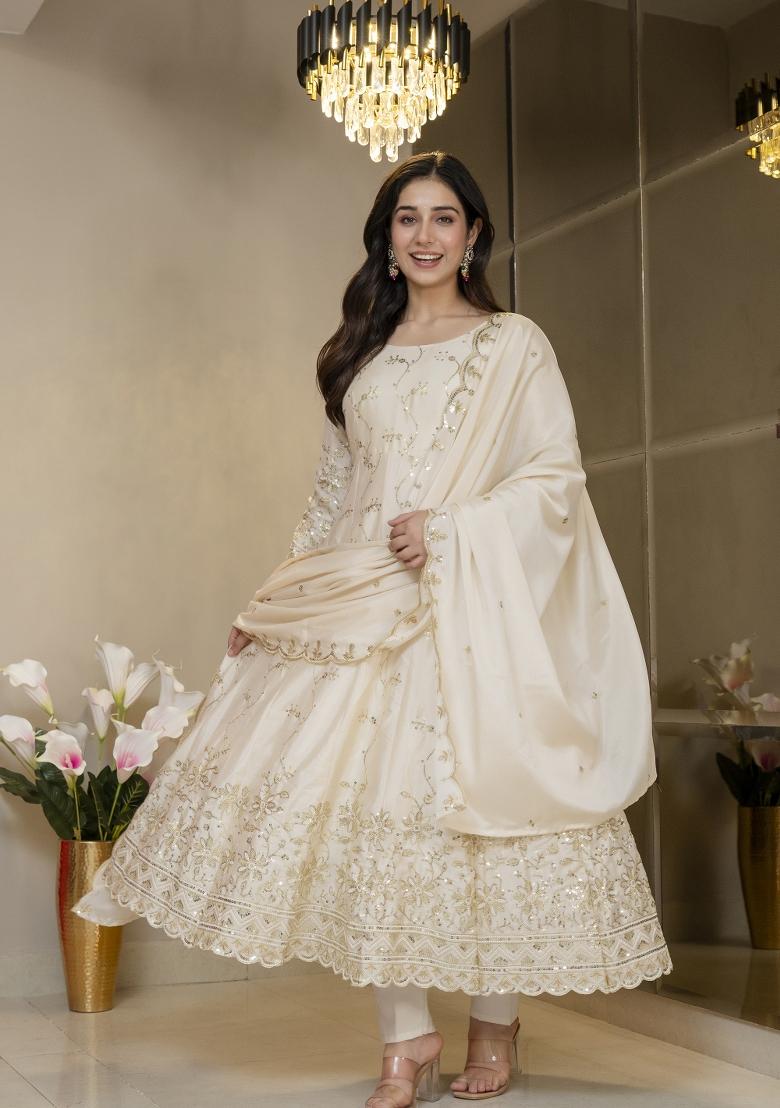 Cream Embroidered Silk Blend Salwar Kameez - Indya