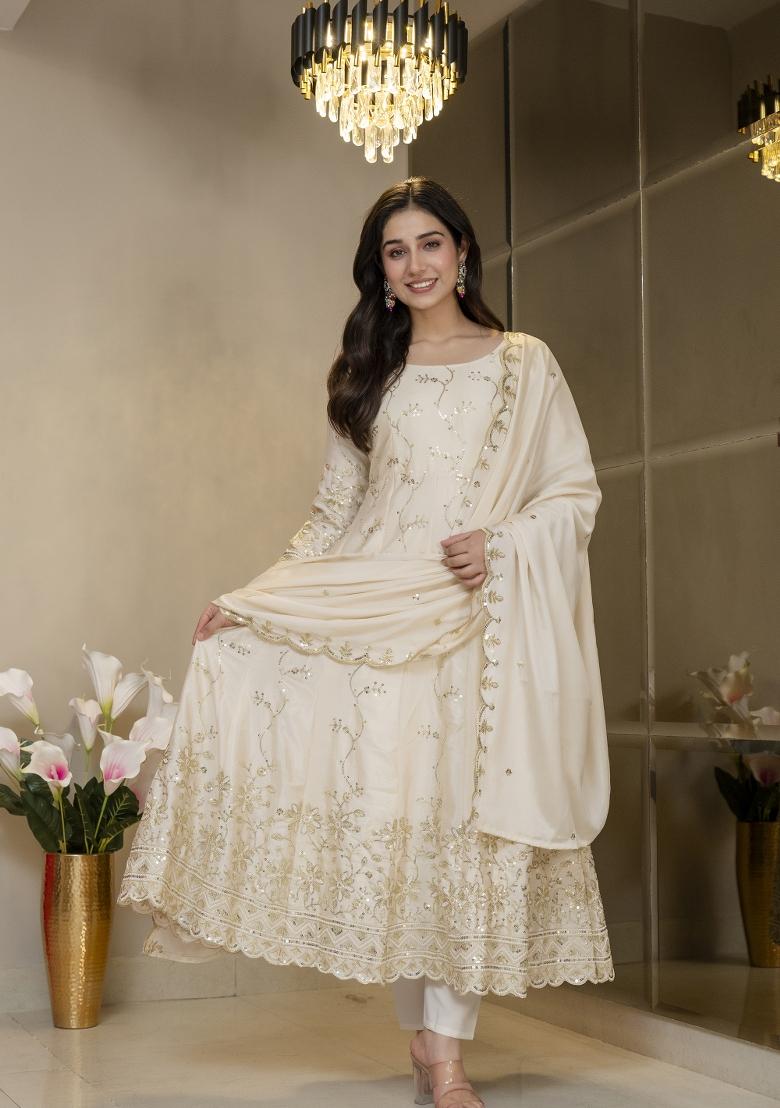 Cream Embroidered Silk Blend Salwar Kameez - Indya