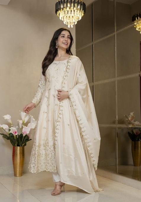 Cream Embroidered Silk Blend Salwar Kameez