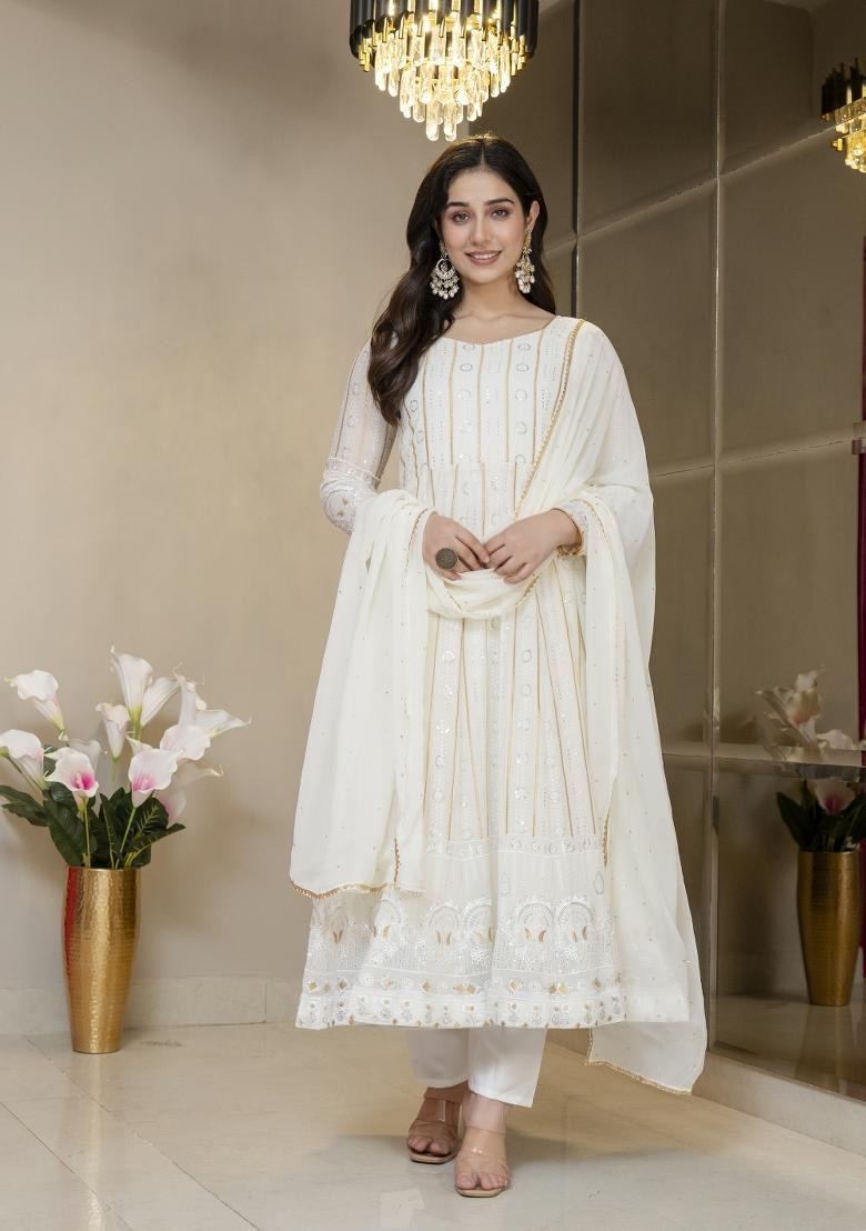 Off White Embroidered Blooming Salwar Kameez - Indya