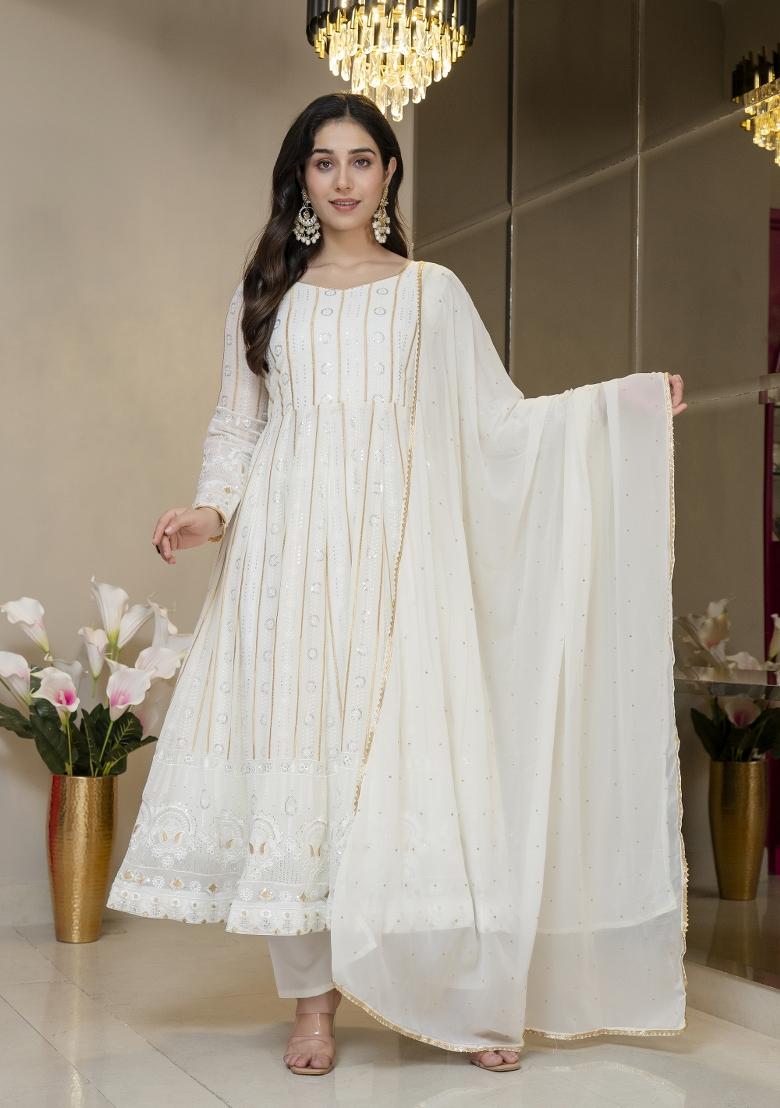 Off White Embroidered Blooming Salwar Kameez - Indya