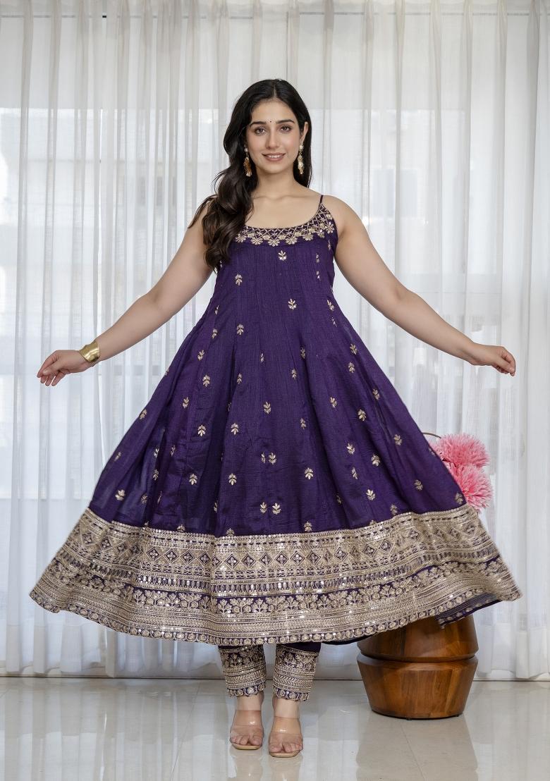 Purple Embroidered Silk Blend Salwar Kameez - Indya