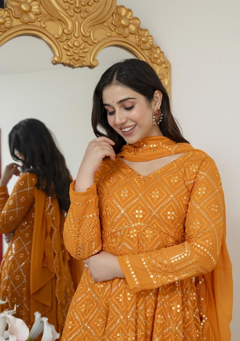 Yellow Embroidered Blooming Salwar Kameez - Indya