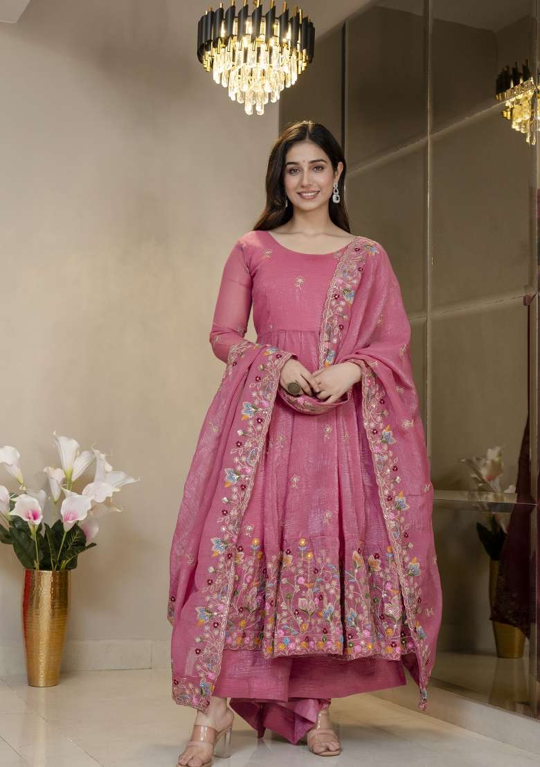 Pink Embroidered Silk Blend Salwar Kameez - Indya