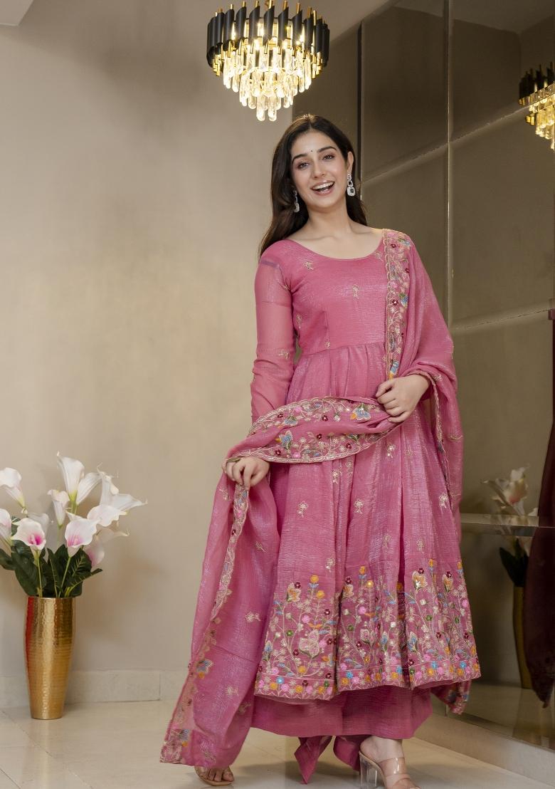 Pink Embroidered Silk Blend Salwar Kameez - Indya