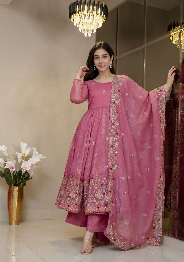 Pink Embroidered Silk Blend Salwar Kameez - Indya