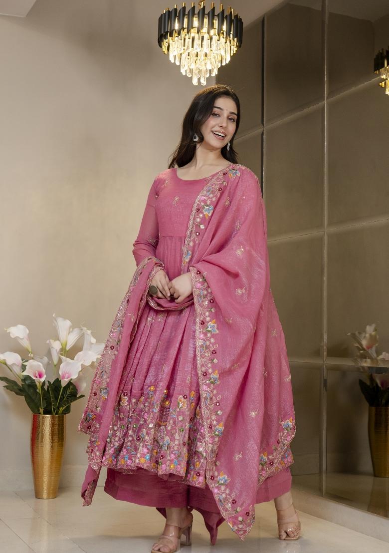 Pink Embroidered Silk Blend Salwar Kameez - Indya