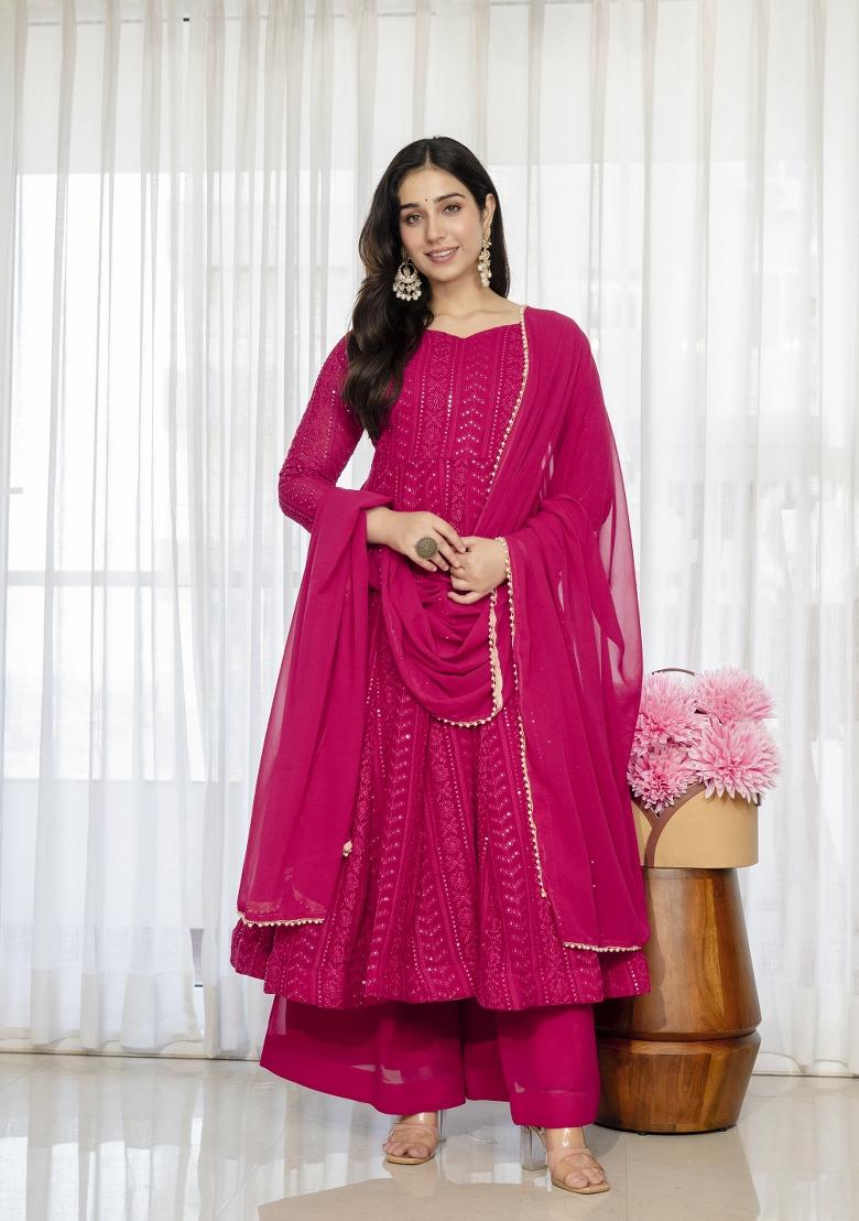 Pink Embroidered Silk Blend Salwar Kameez - Indya