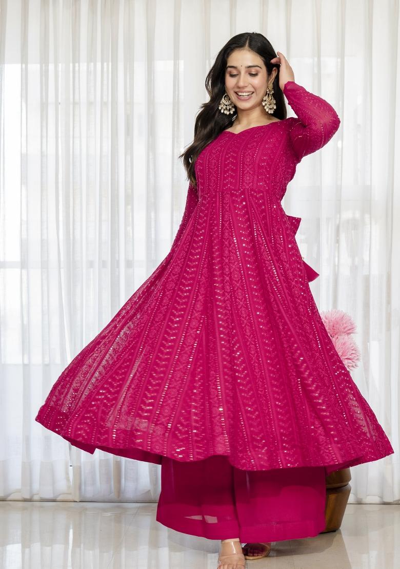 Pink Embroidered Silk Blend Salwar Kameez - Indya