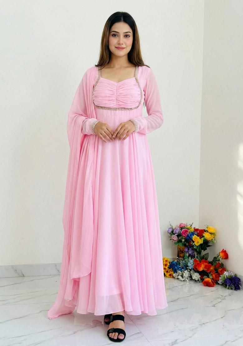 Pink Embroidered Georgette Salwar Kameez - Indya
