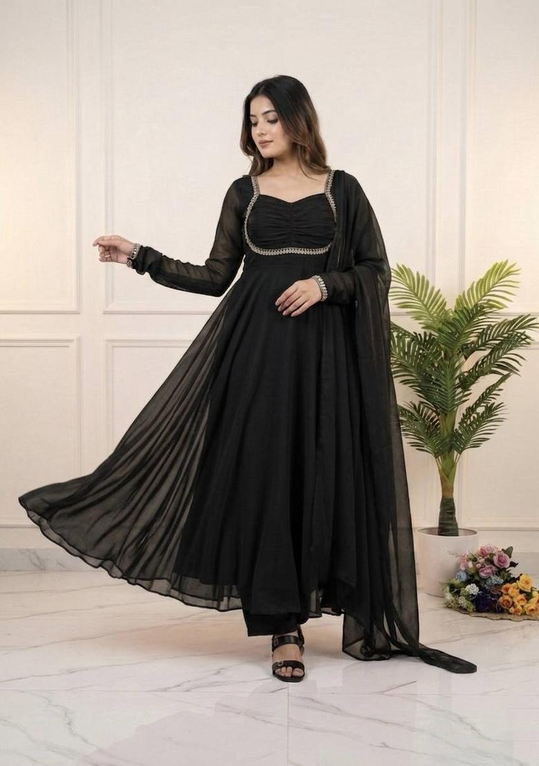 Black Embroidered Georgette Salwar Kameez - Indya