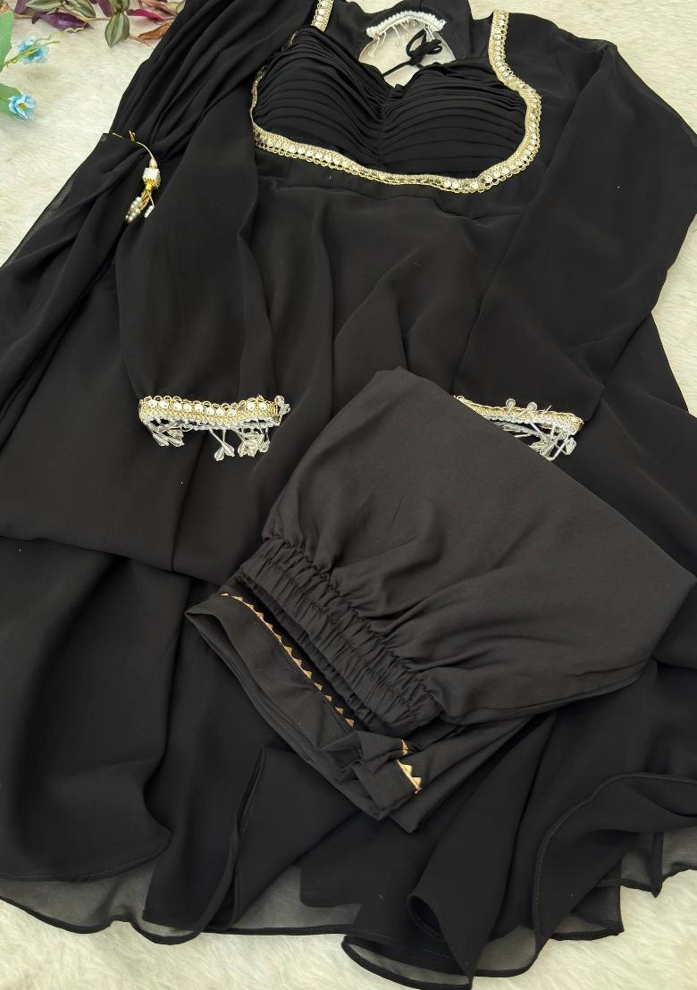 Black Embroidered Georgette Salwar Kameez - Indya