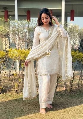 White Lace Work Silk Blend Salwar Kameez