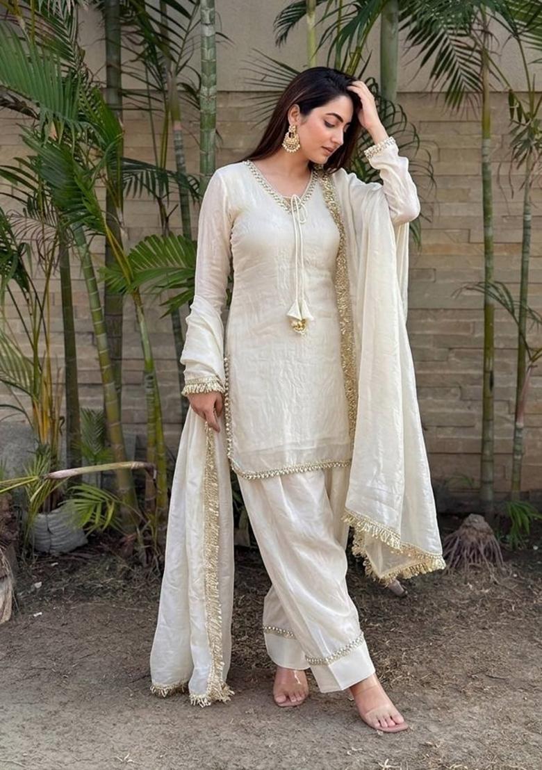 White Lace Work Silk Blend Salwar Kameez - Indya